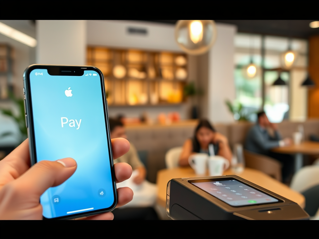 Смартфон с экраном Apple Pay на фоне кафе с людьми, сидящими за столами.
